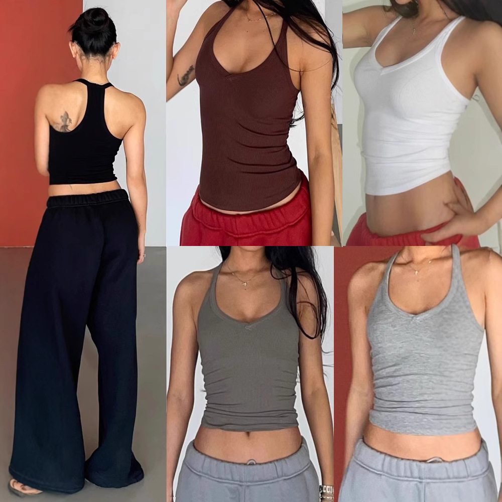 Spot American Sports V Neck T-Shaped Beautiful Back High Elastic Vest Sexys Must-Have Camisole Waist Round Neck Halter