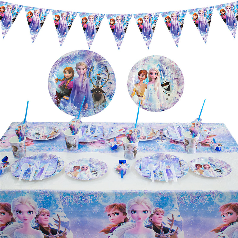 Amazon Wholesale Frozen Cartoon Theme Princess Birthday Party Decoration Atmosphere Layout Disposable Tableware
