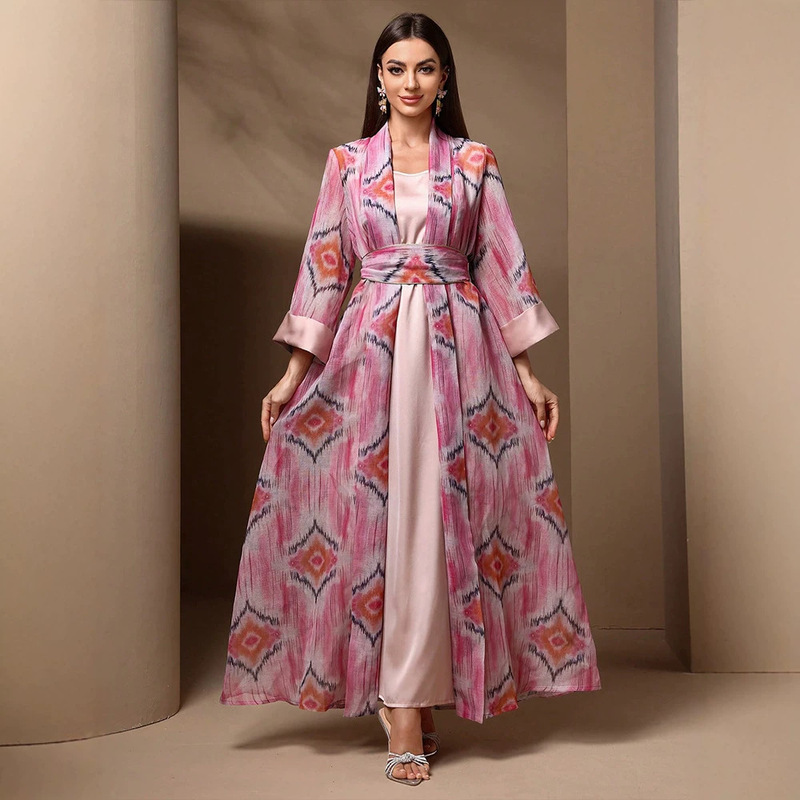 KY1390 Cross-border women's long-sleeved printed fitted cardigan dress two-piece set, simple, everyday, elegant long dress