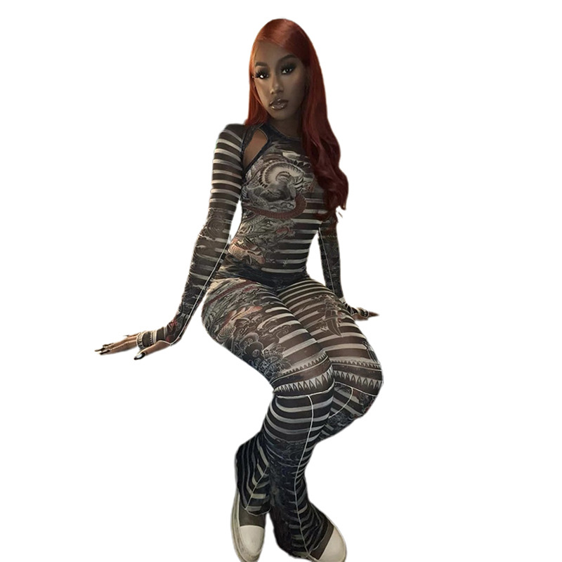 2024 Autumn Women's New Sexy Perspective Mesh Printed Hollow Tight Pants Set_voghion.com