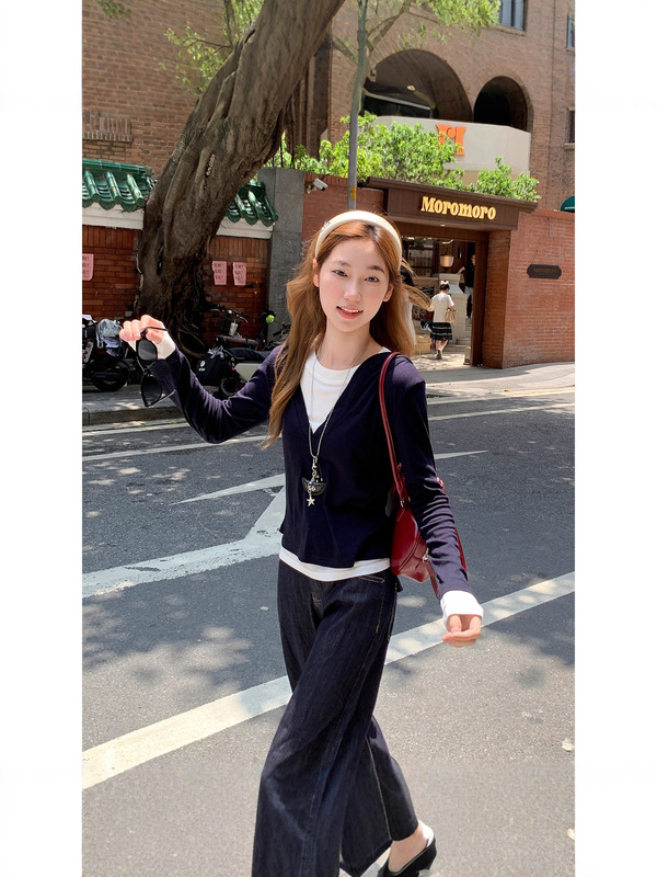 美式拼接假两件长袖t恤女2025早秋新款褶皱收腰显瘦正肩短款上衣|undefined