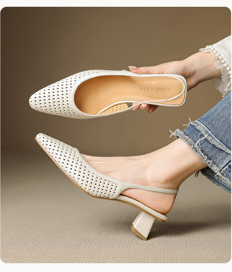 Sandal nữ da bò dệt mũi kín gót thô cao 6 cm phong cách công sở — đen chi tiết 4