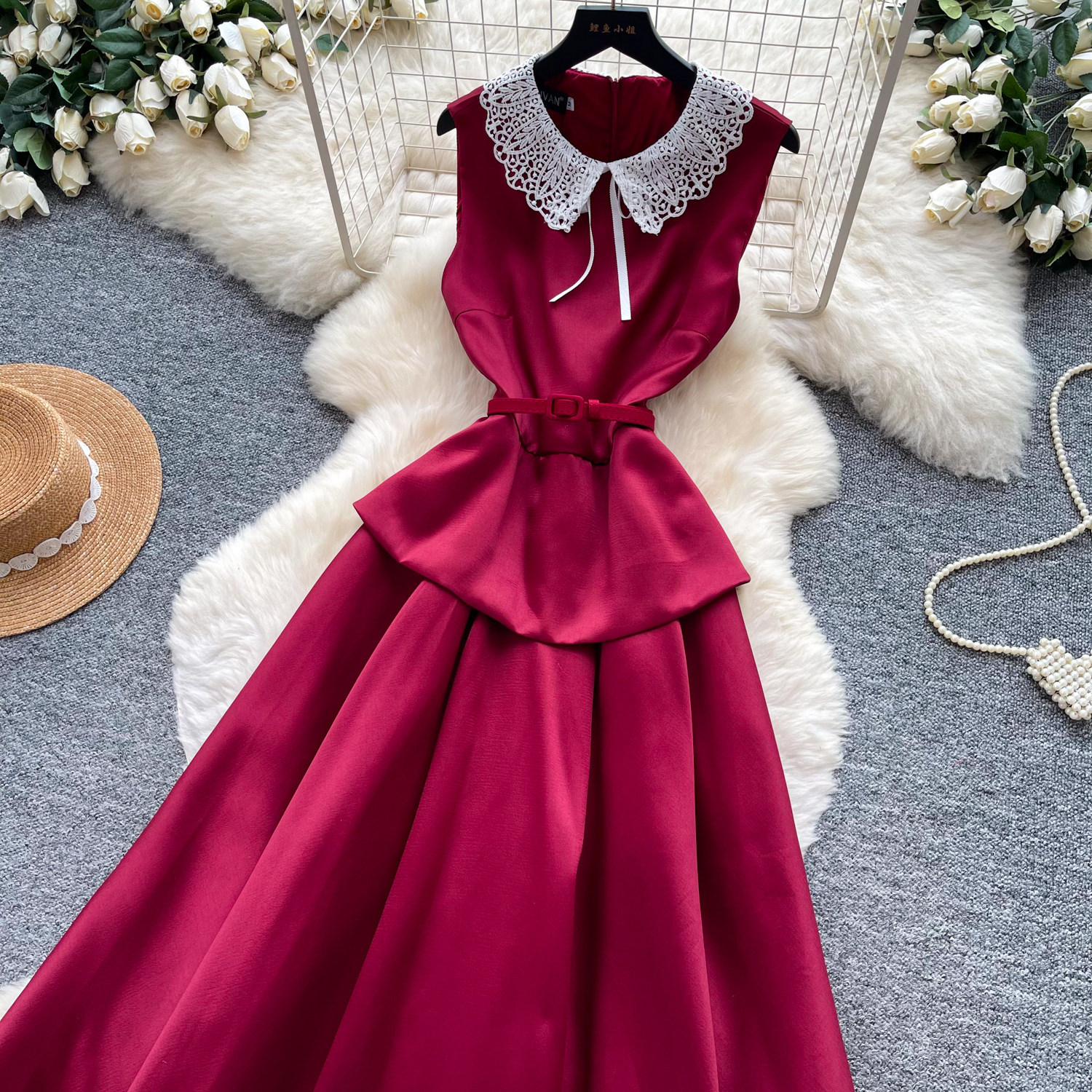 Elegant High-Waisted A-Line Dress Red Lace Peter Pan Collar Summer Commute Suitable Women's Clothing_ecoleips.com