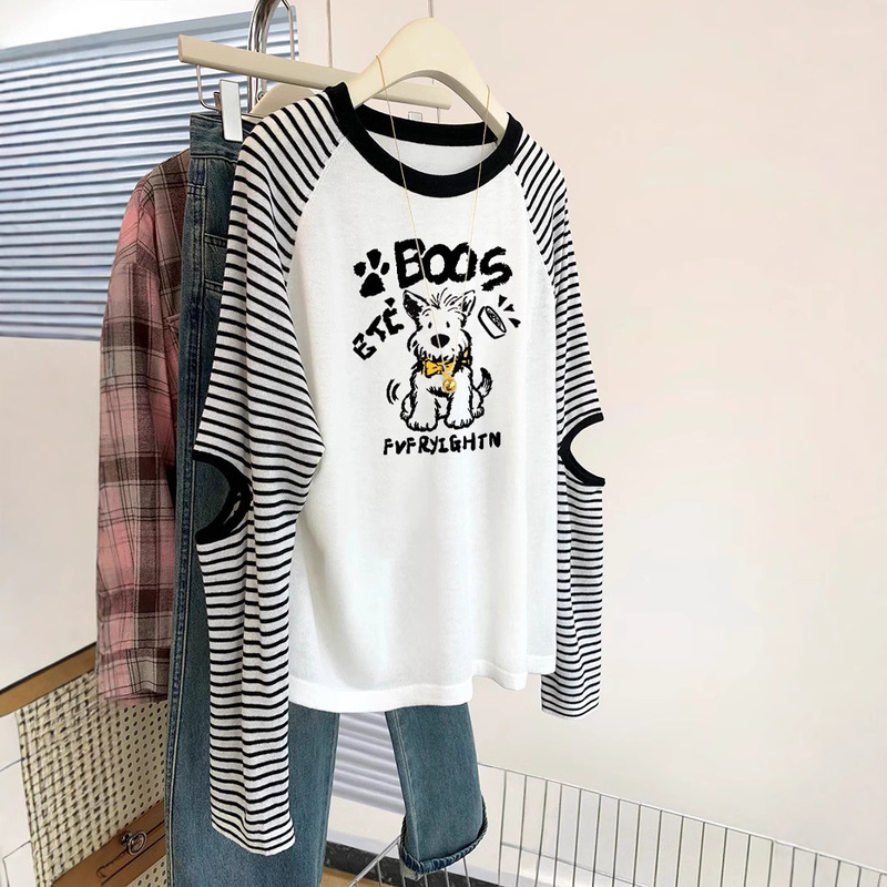 chubby girl shoulder plus size striped cartoon puppy hollow long sleeve T-shirt women's autumn and winter 240kg base shirt top tide