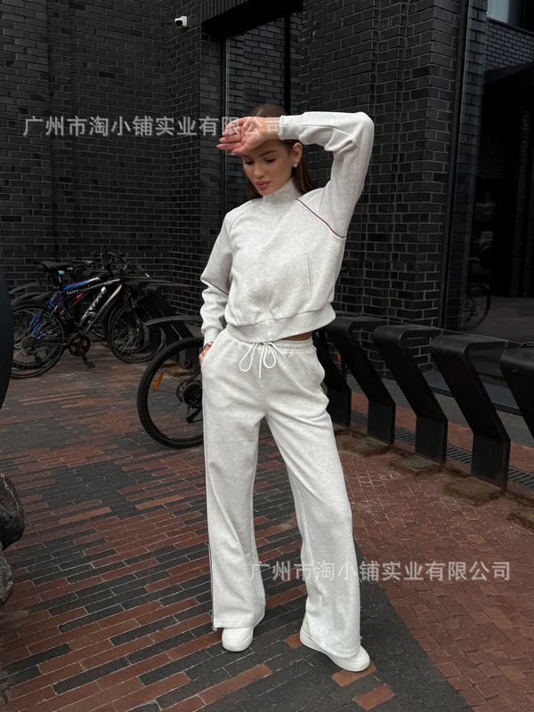 欧美2025春秋新款洋气百搭撞色休闲运动套装时尚侧开叉直筒裤套装|undefined