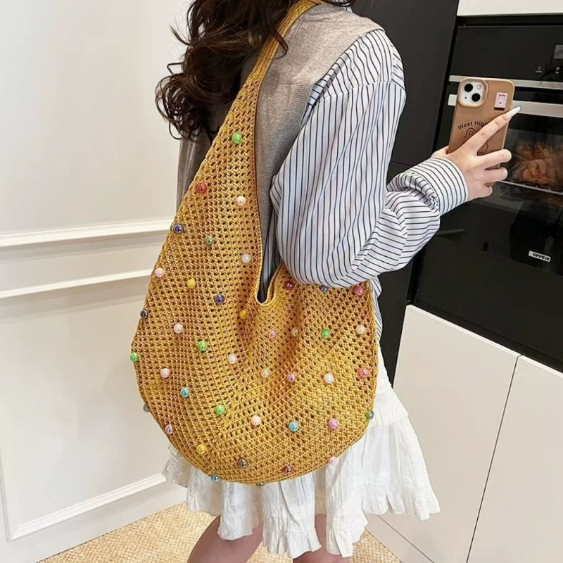 2025 Большая вместительная плетеная сумка, новая модная универсальная сумка для отдыха, повседневная пляжная сумка через плечо.