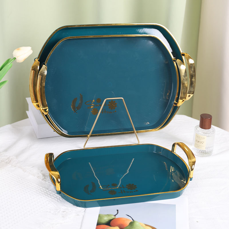 椭圆绿金托盘双耳托盘轻奢风家用放茶杯水具盘收纳盘果盘置物盘