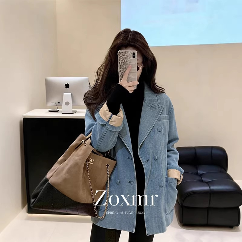 In Stock: Unique and Stylish Hong Kong-Style Loose Casual Blue Denim Blazer for Women, Spring 2026 New Model