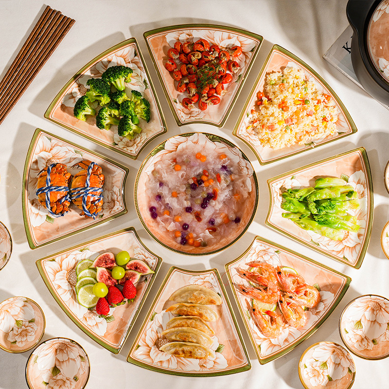 北歐山茶花拼盤組合陶瓷餐具團圓年夜飯聚餐盤過年送禮餐具套裝