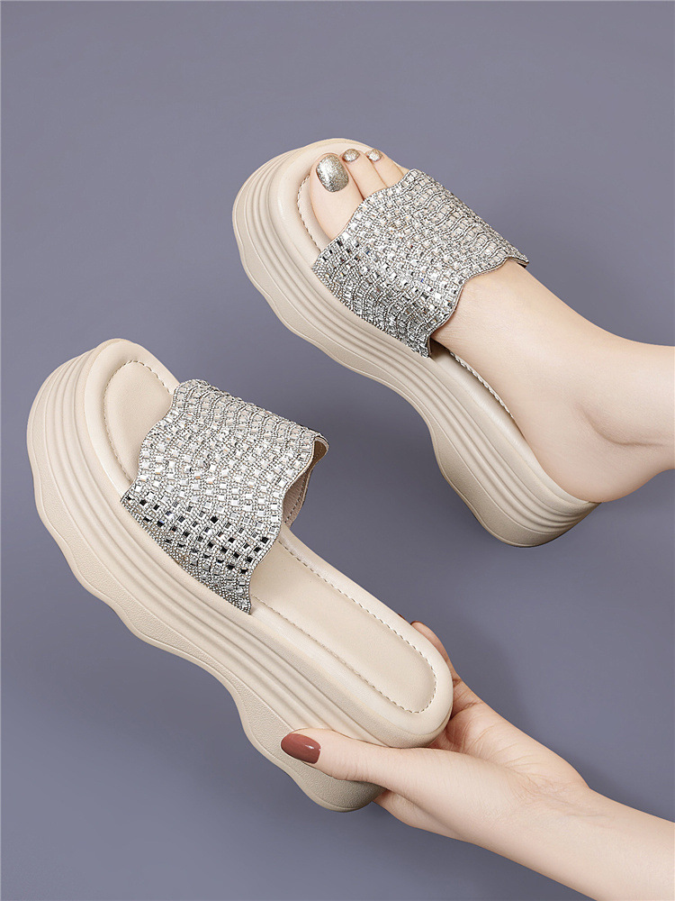 Sandal nữ đế dày đính đá lấp lánh phong cách thời trang — 6075 Màu be, 6075 Da đen chi tiết 9