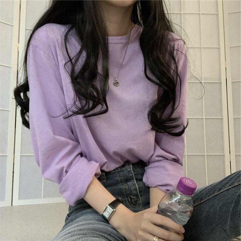 Camiseta básica blanca para mujer, estilo BM de manga larga, nueva colección de principios de otoño 2025, versión coreana, camiseta holgada negra con cuello redondo. image 19