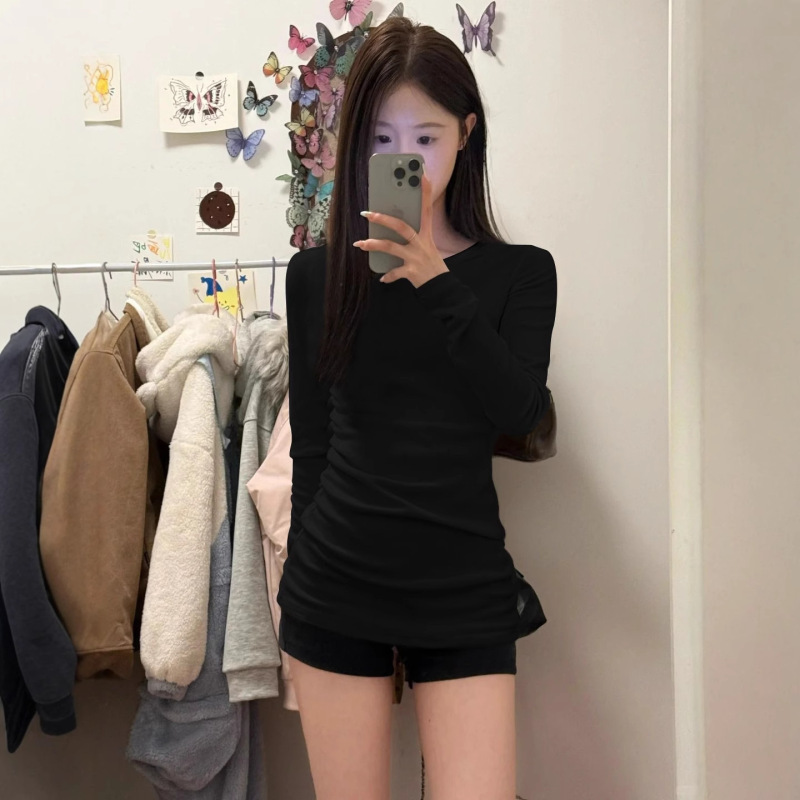 韩系中长款白色正肩长袖T恤女春秋冬新款内搭打底衫修身上衣批发|undefined