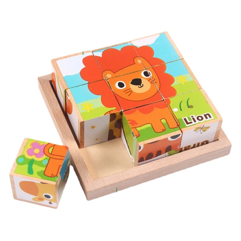 Cpc transfronterizo de madera de 9 granos grandes bloques de construcción de partículas de tráfico de animales rompecabezas de pintura de seis lados juguetes de rompecabezas tridimensionales para niños