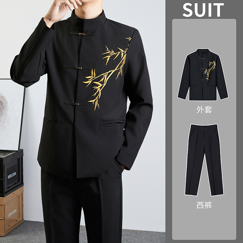 Black jacket + black pants (gold leaf style)