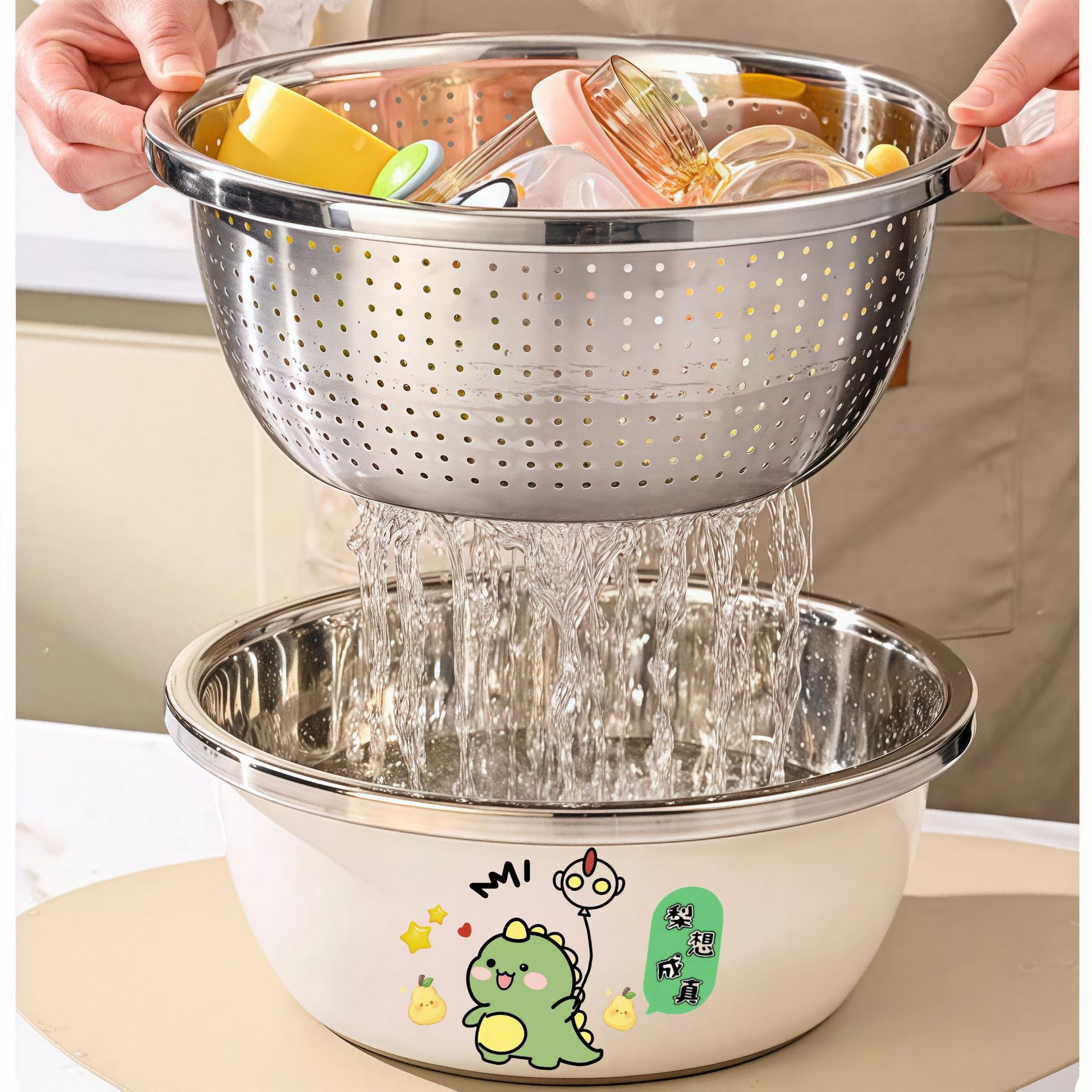 Cesta de drenaje de acero inoxidable lavabo de verduras cocina casera lavabo de frutas lavabo de verduras lavabo de arroz lavabo de tamiz espesado y lavabo