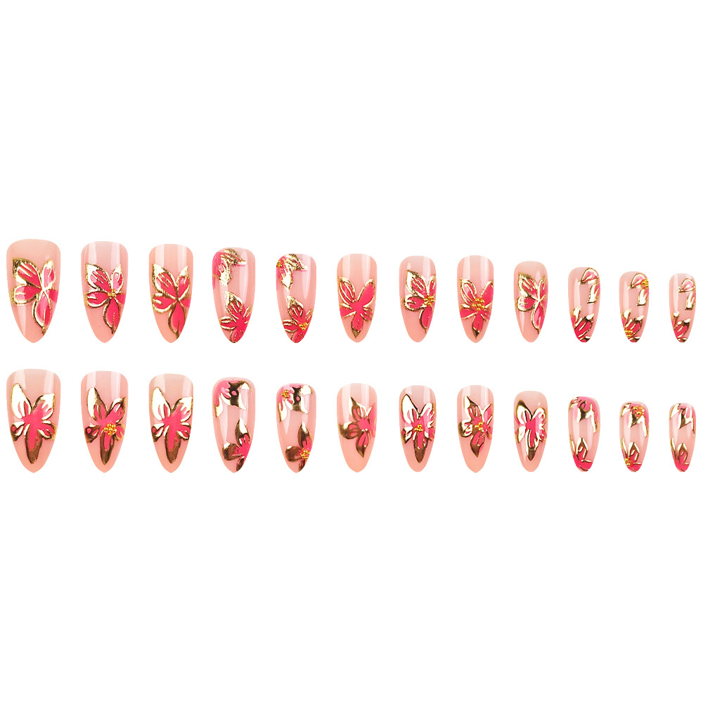 3D estereoscópico flores de oro leper almendras uñas de vestir comercio exterior suave viento uña falsa 24 piezas de uñas blanqueadoras