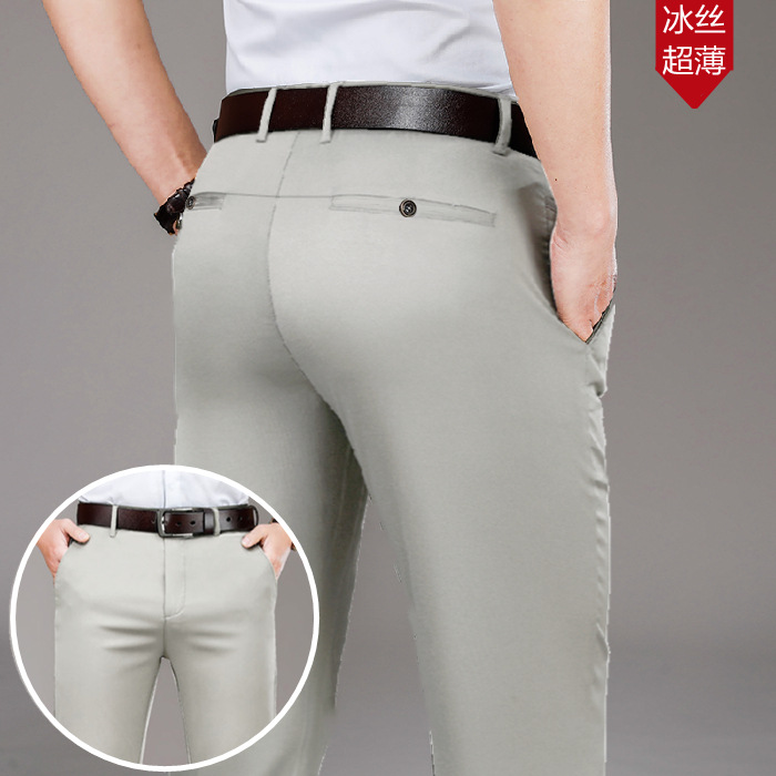 Pantalones de traje de seda de hielo de verano Pantalones casuales de los hombres de moda delgada recta ropa formal de negocios pantalones de traje sin planchar hombres