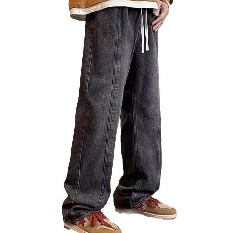 2024 primavera y otoño pantalones vaqueros de cintura elástica todo fósforo para hombres, pantalones de pierna ancha rectos sueltos para adolescentes de la calle principal