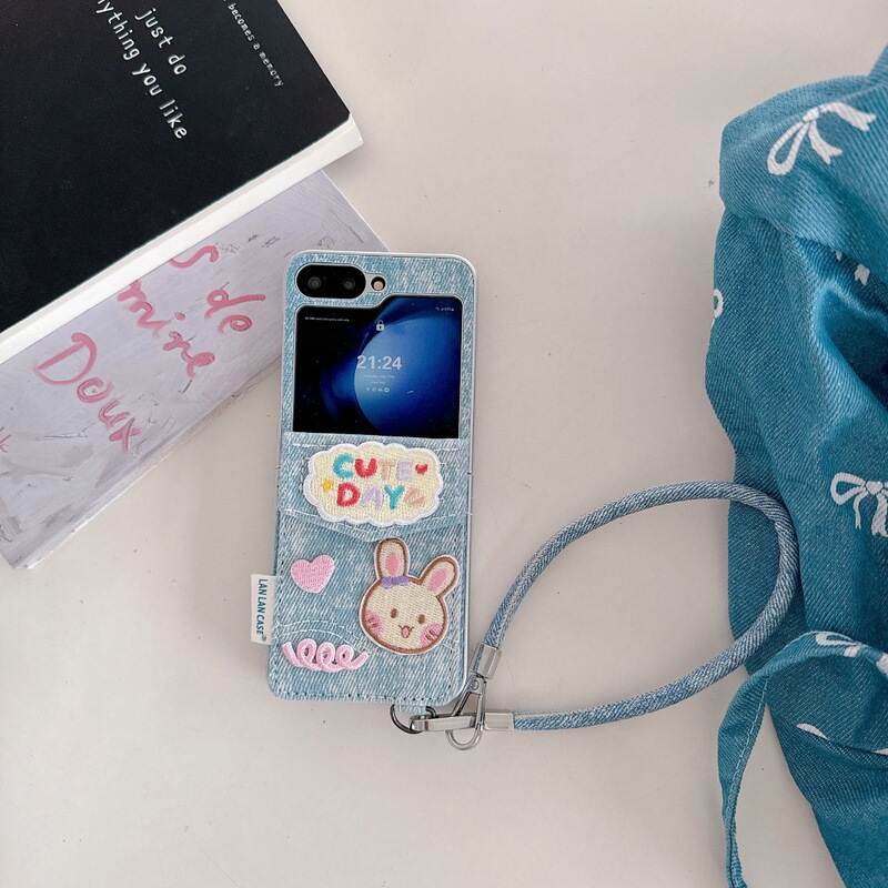Denim Card Holder Bunny Case Suitable for Samsung Zflip7 Phone Case Zflip5/4/ 70% off Foldable Screen Pocket2