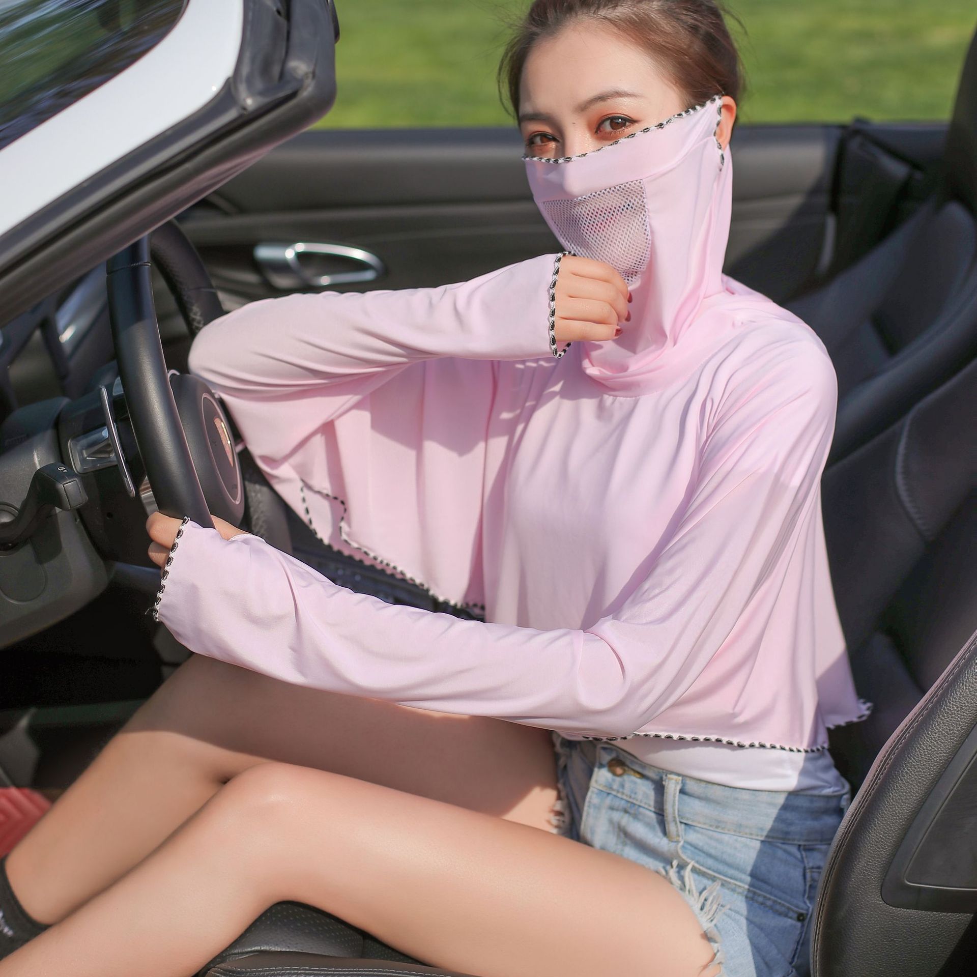 新款花边防晒衣面罩套袖女口罩夏季开车骑行遮阳透气时尚厂销直播