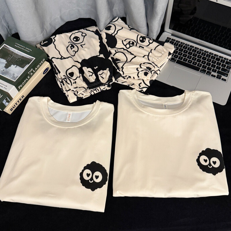 Korean Style Pajamas for Women, Cartoon Wearable Long-Sleeved Trousers Two-Piece Suit for Male Students, Loose Large Size Couple Home Clothes