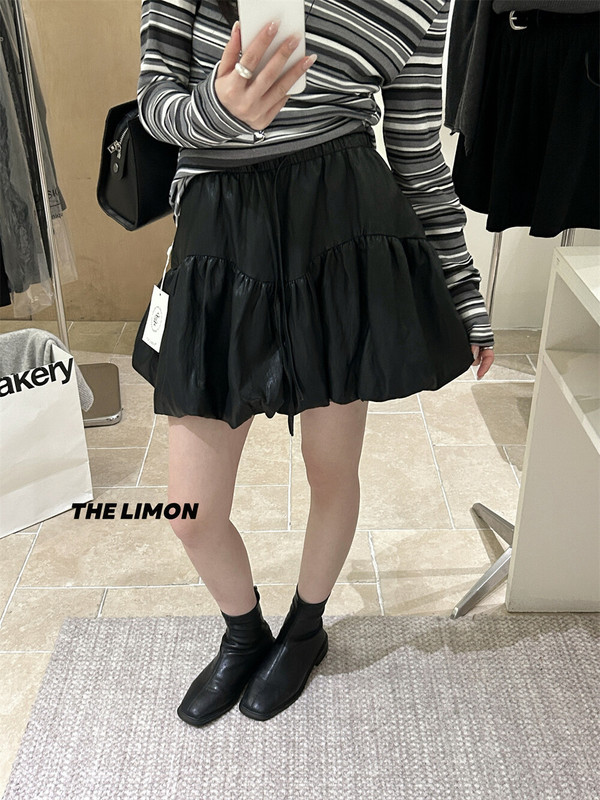 the limon柠檬绿茶松紧腰蓬蓬PU皮半身裙女2025秋季减龄花苞短裙|undefined