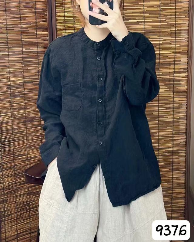 新品韩版宽松简约砂洗亚麻立领纯色衬衫百搭休闲衬衣女|undefined