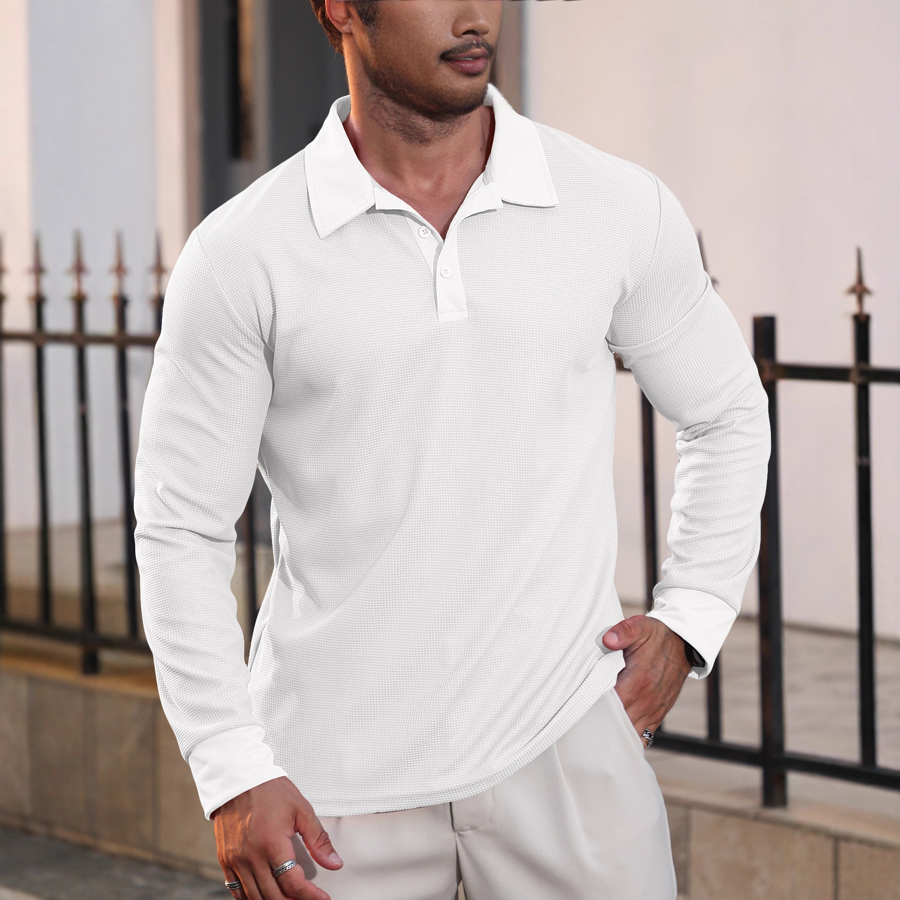 Nuevo otoño transfronterizo europeo y americano nuevo hombre waffle polo camiseta de manga larga de vacaciones casuales americanas