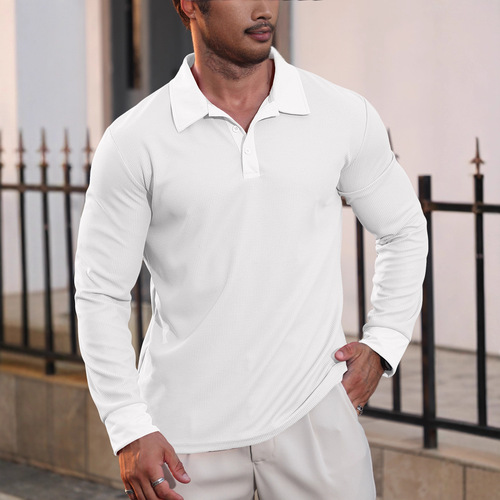 2026 Autumn New Arrival Men's Waffle-Textured Lapel Polo Shirt—American-Style Casual Resort Long-Sleeved T-Shirt