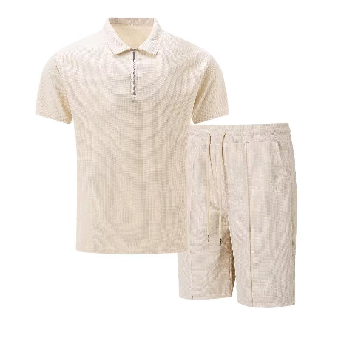 Men's Solid Color Short Sleeve Waffle Collar Half Zip Suit Summer New Style_voghion.com