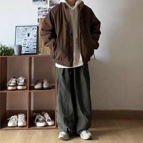 Japanese-style men's clothing retro city boy loose work pants wide-leg versatile elastic waist design casual long pants for men