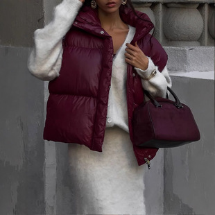 dark red sleeveless zipper vest coat 2024 Europe and the United States cross-border autumn and winter temperament loose warm padded coat