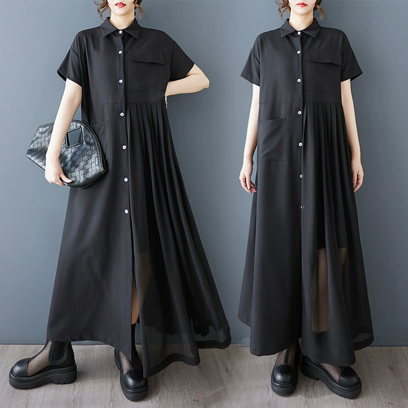 Фото новой летней одежды 2025 года, темного стиля, длинное платье с комбинированными вставками, свободного кроя, утягивающее, больших размеров, плиссированное.