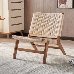 Rope-Woven Solid Wood Single Sofa Chair Nordic Balcony Leisure Chair Japanese Wabi-Sabi Style Small Apartment Backrest Lazy Chair