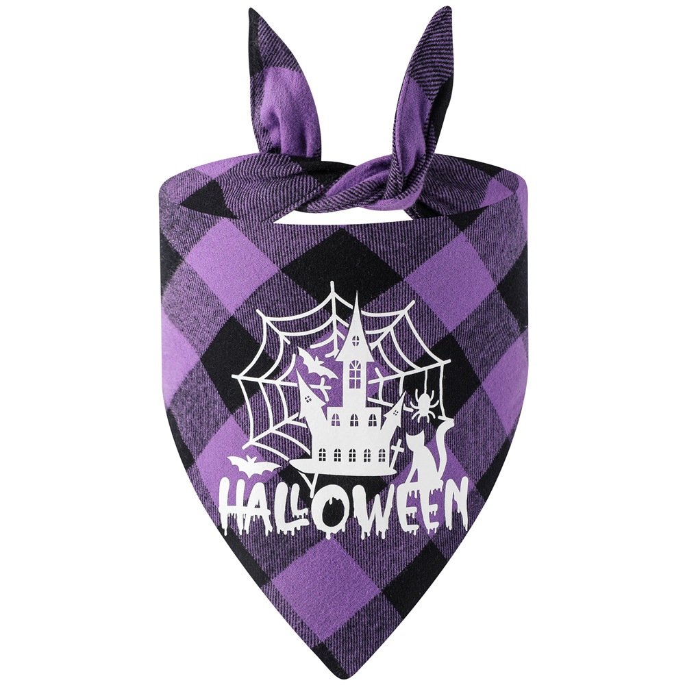 Transfronterizo nuevo algodón a cuadros Halloween mascota triángulo toalla perro saliva Toalla de Halloween PET babero fabricante