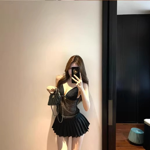 Socialite Style Pure Desire Outfit: Mesh Lace Sequin Top + Camisole Two-Piece Set for Birthday Party
