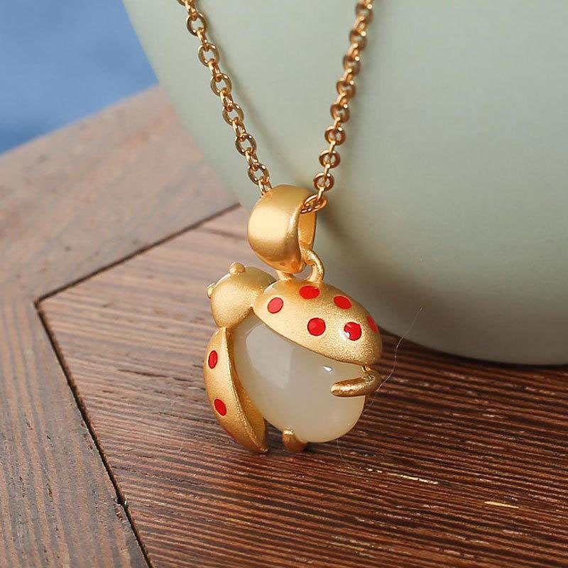 Cute Ladybug Necklace Bracelet Earrings Sand Gold Plated Hetian Jade Necklace Beetle Pendant display picture 1