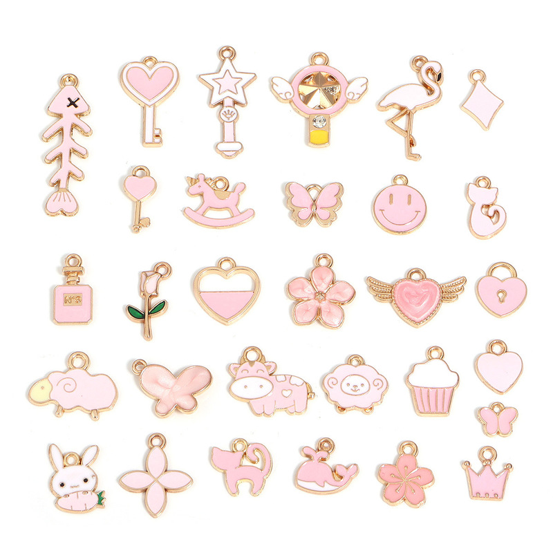 Pink Series Oil Dripping DIY Handmade Jewelry Accessories Alloy Heart Pendant Earrings Earrings Necklace Pendant Material