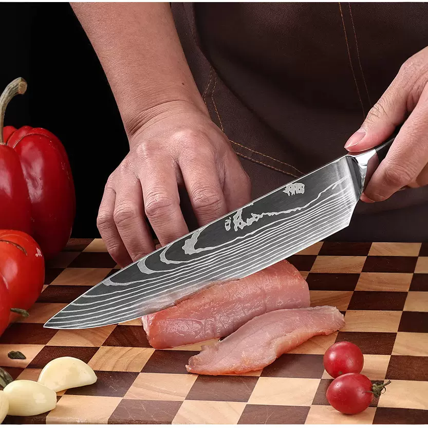跨境热销厨师刀家用小菜刀不锈钢锋利大马士革纹加厚欧式大日式刀