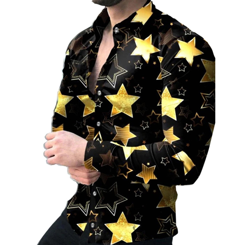 Comercio exterior 2023 primavera nuevos hombres gradiente de impresión digital solapa camisa de manga larga camisa casual de los hombres