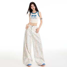 2026春夏日系白色印花涂鸦牛仔裤女高个子加长高腰显瘦直筒拖地裤
