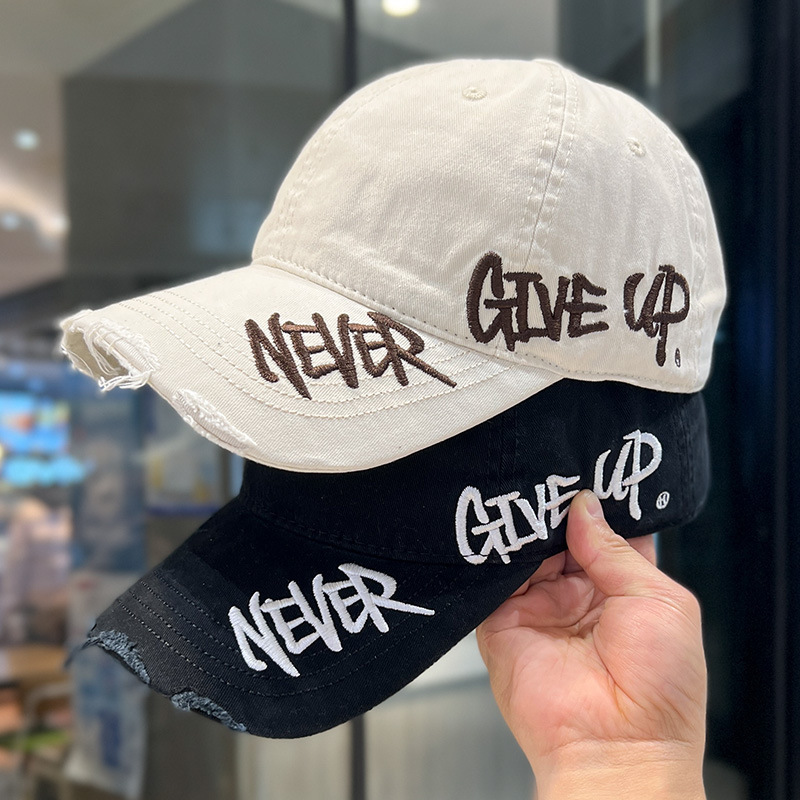 Fashion Versatile Street Style Sun-Protective Baseball Cap with American-Style Frayed Edges, Side Holes, and 3D Embroidery Curved Brim