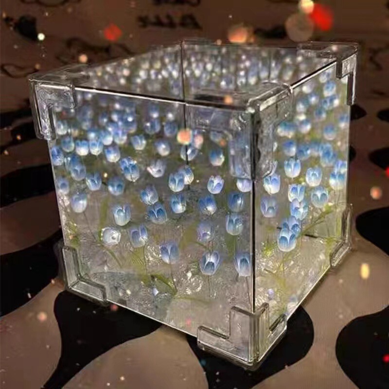 创意魔方郁金香小夜灯手工diy花海氛围灯亚克力镜子立体摆件礼品|undefined