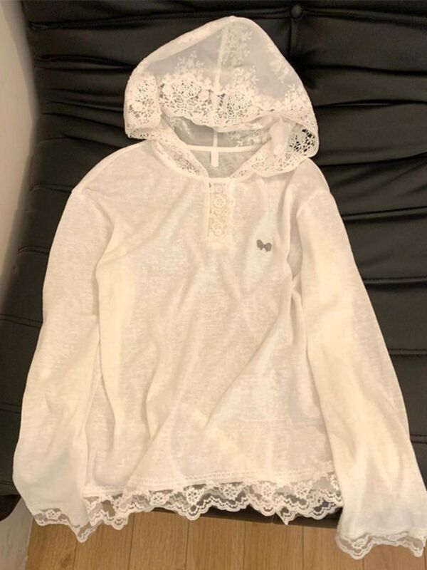 American Spice Girls Want to Stitching Lace Hooded Long-sleeved T-shirt Women's Loose Design Sense Niche Sunscreen Blouse Top