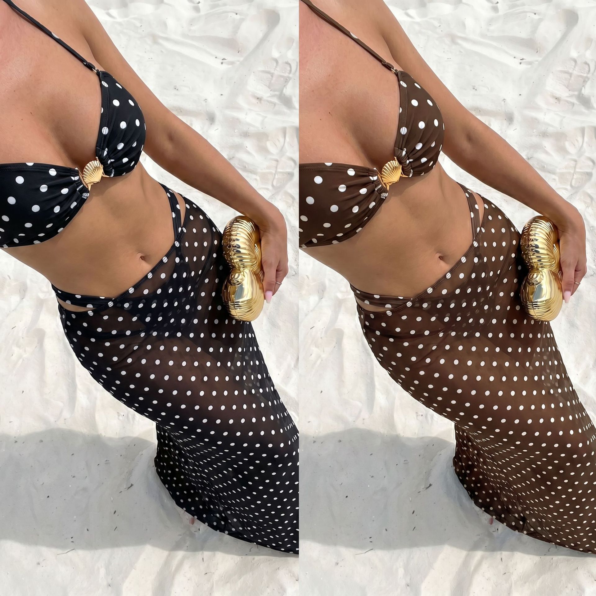 2026 New European and American Style Polka Dot Shell Button Strapless Three-Piece Bikini Swimsuit for Women, Vacation Style Bikini