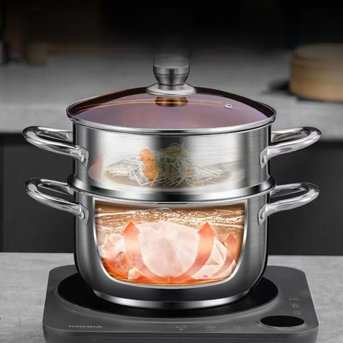 【】24cm Double-layer Soup Pot Household Large Capacity Soup Steamer Pot Kitchen Multi-purpose Steaming Pot