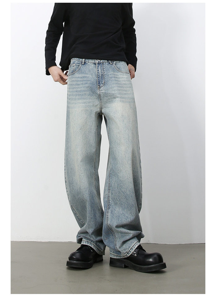 Quần jean nam ống rộng dáng suông cạp vừa phong cách đường phố — Denim đen, Làm cũ, Màu trắng, Màu xanh lam chi tiết 9