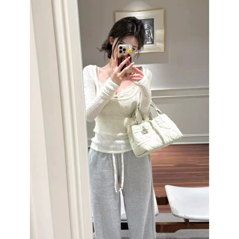 Сексуальный женский трикотаж с квадратным вырезом и вырезом для женщин на весну и осень, многослойный кружевной внутренний топ на подтяжках