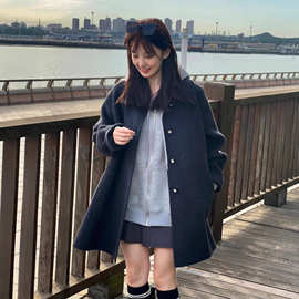 【天青裹暖】高级感宽松显瘦翻领中长款双面羊毛大衣外套ZX09