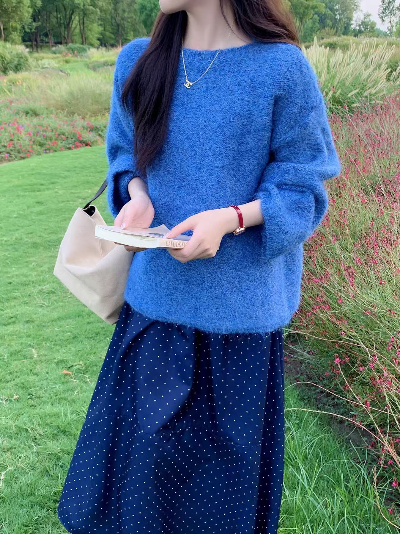 Cross-border coreano otoño y invierno nuevo cuello redondo suelta camisa de punto para mujeres perezosa pluma de color sólido suave glutinosa suéter para mujeres